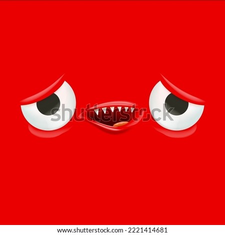 Vector funny red monster face with open mouth with fangs and eyes isolated on red background. Halloween cute and funky monster design template for poster, banner and tee print