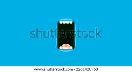 Vector Cartoon wide open mouth isolated on blue background. Funny and cute cyan Halloween Monster open mouth with big white teeth and pink tongue