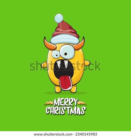 Vector cartoon funky orange monster with Santa Claus red hat isolated on green christmas background. Childrens Merry Christmas greeting card with funny monster minion elf Santa Claus.