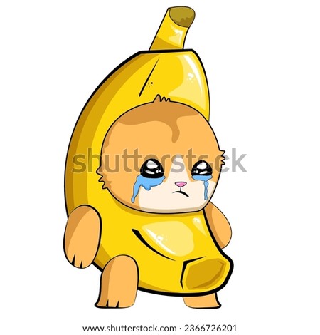 Banana Cat meme vector isolated on white background. Funky crying Sad banana cat meme cartoon vector sticker, label and icon for printing on t shirt