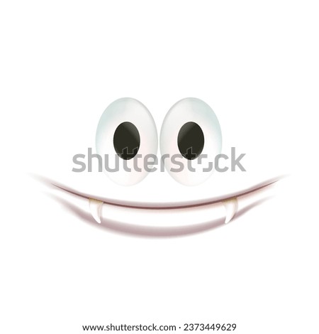 Vector funny pink monster face with open mouth with fangs and eyes isolated on white background. Halloween cute and funky monster design template for poster, banner and tee print