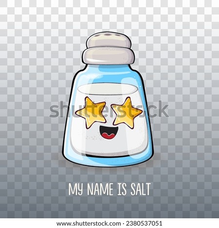 Cute cartoon salt shaker with smiling faces isolated on transparent background. Funky Kawaii salt character. My name is salt concept illustration for printing on tee