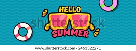 Super Hello summer vector banner with text and retro yellow sunglasses isolated on blue water background. Hello summer poster design template with cartoon sunglasses, beach, water pool , summer vibe