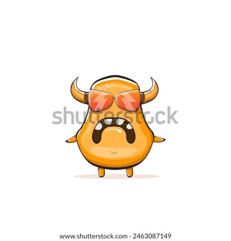 Vector cartoon funny summer orange monster with sunglasses isolated on transparent background. Smiling silly orange monster print sticker design template. Gremlin, goblin, devil and monster