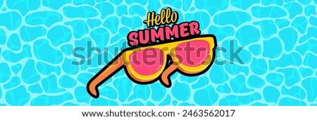 Super Hello summer vector banner with text and retro yellow sunglasses isolated on blue ocean background. Hello summer poster design template with cartoon sunglasses, beach, water pool , summer vibe