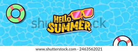 Super Hello summer vector banner with text and retro yellow sunglasses isolated on blue ocean background. Hello summer poster design template with cartoon sunglasses, beach, water pool , summer vibe