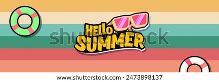 Super Hello summer vector banner with text and retro yellow sunglasses isolated on stripped background. Hello summer poster design template with cartoon sunglasses, retro rainbow, summer vibe