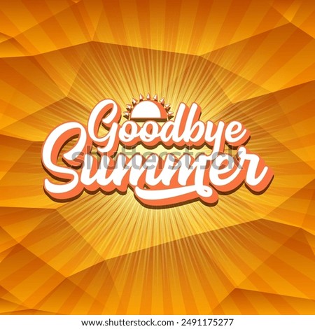 White goodbye summer vector concept text label or sticker on orange summer background with sun lights. Summer background with rays of light.