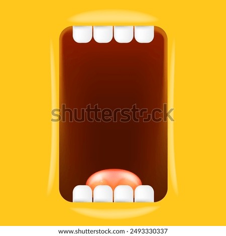 Vector Cartoon wide open mouth isolated on orange background. Funny and cute Halloween Monster open mouth with big white teeth and pink tongue