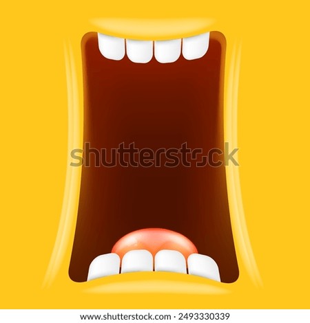 Vector Cartoon wide open mouth isolated on orange background. Funny and cute Halloween Monster open mouth with big white teeth and pink tongue