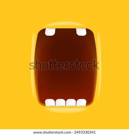 Vector Cartoon wide open mouth isolated on orange background. Funny and cute Halloween Monster open mouth with big white teeth and pink tongue