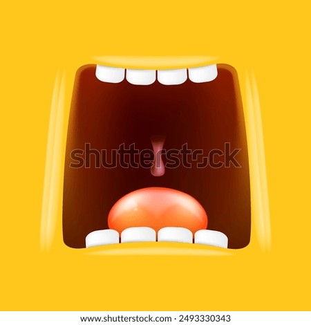 Vector Cartoon wide open mouth isolated on orange background. Funny and cute Halloween Monster open mouth with big white teeth and pink tongue