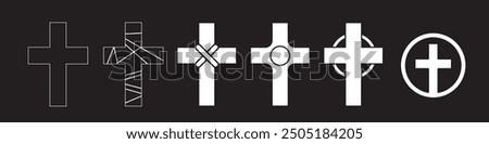 Set of Christian white Cross isolated on black. Abstract vector bible cross icons isolated. Vector illustration. Collection white Christian Crosses