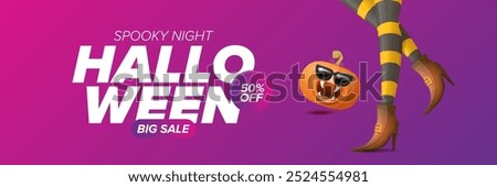 Halloween big sale banner with witch legs and funky pumpkin with sunglasses on night spooky background. Halloween sape poster design template