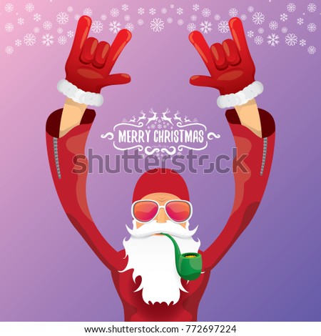 vector DJ rock n roll santa claus with smoking pipe, santa beard and funky santa hat on violet background. Christmas hipster poster for party or greeting card. vector bad santa xmas poster background