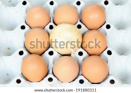 Eggs on paper package with onion / Chicken Eggs