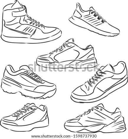 Snicker set, sport shoes, vector sketch illustration 