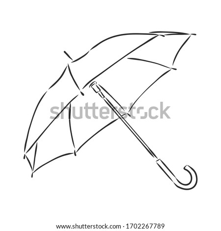 Umbrella coloring, linear drawing, outline, vector sketch, icon, monochrome, contour illustration. Black and white open umbrella