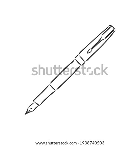 Aged luxury business steel basic tip of feather isolated on white backdrop. Freehand linear black color hand drawn picture logo sketchy in artsy scribble ancient style. Closeup view