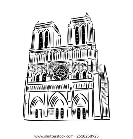 Notre Dame de Paris Cathedral. Line Art Style. Vector