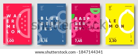 Vector illustrations. Set of minimalistic fruit posters or price tags. Watermelon, blueberry, raspberry, lemon.