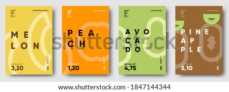 Vector illustrations. Set of minimalistic fruit posters or price tags. Melon, peach, avocado, pineapple.
