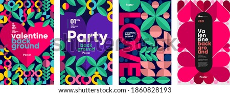 Valentine's day posters, valentines with abstract, geometric background. Geometric prints, geometric patterns. Set of vector posters or event banner. 
