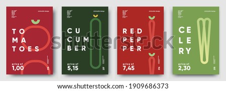 Tomatoes, Cucumber, Red pepper, Celery. Price tag, label or poster. Set of posters, vegetables and herbs in a minimalist design. Flat vector illustration. 