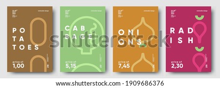 Potatoes, Cabbage, Onions, Radish. Price tag, label or poster. Set of posters, vegetables and herbs in a minimalist design. Flat vector illustration. 
