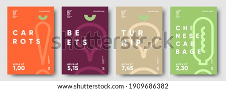 Carrots, Beets, Turnip, Chinese cabbage. Price tag, label or poster. Set of posters, vegetables and herbs in a minimalist design. Flat vector illustration. 