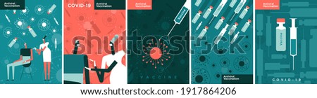 Vaccine and virus vaccination. A set of vector illustrations. A doctor gives a vaccination. A syringe of vaccine kills the virus. 