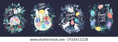 Happy Easter. A set of vector Easter illustrations. Easter eggs on a plate. Flowers, Easter eggs, rabbit. Spring flower illustration. Perfect for a poster, cover, or postcard.
