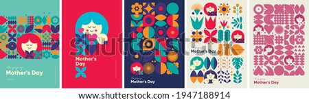 Mother's day. Set of vector illustrations. Abstract backgrounds, patterns, mother's day cards. Cover, poster, wallpaper. Minimalistic retro postcards.