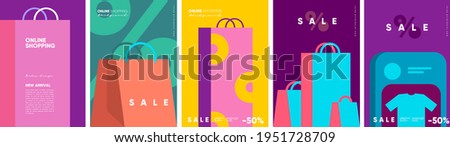 Online shopping and sale. Set of flat vector illustrations. Minimalistic background illustrations for sales, advertisements, coupons. Banner, poster, flyer.