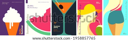  A set of flat vector illustrations.background patterns. Ice cream, watermelon, cocktail, girls. Perfect background for posters, cover art, flyer, banner.