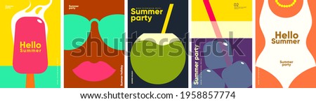  Flat vector illustration. Summer time, background patterns on the theme of summer, vacation, weekend, beach. Perfect background for posters, cover art, flyer, banner.