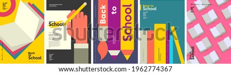 School backgrounds. Book, stationery, books, hand and pencil. 
 Set of flat, vector illustrations. Back to School. Elements and objects on school themes, simple background for poster, cover, flyer. Сток-фото © 