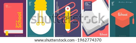 School backgrounds. Book, lamp, drawing pencil, graduation cap. Set of flat, vector illustrations. Back to School. Elements and objects on school themes, simple background for poster, cover, flyer.