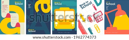 School backgrounds. School bus, desk lamp, letters, stationery. Set of flat, vector illustrations. Back to School. Elements and objects on school themes, simple background for poster, cover, flyer.