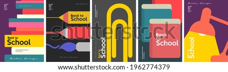 School backgrounds. A stack of books, stationery, a desk lamp, a paper clip. Set of flat, vector illustrations. Back to School. Elements and objects on school themes, simple background for poster.