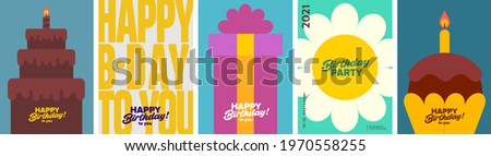 Birthday. Simple, fun, vector illustrations. Gift, chamomile, Birthday cake with a candle. Set of illustrations