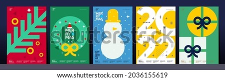 Christmas and Happy New Year. Trendy Style. Simple backgrounds. Set of vector illustrations. Geometric patterns and elements.  