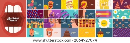 Birthday. Simple, fun, vector illustrations. Mega collection of posters. A set of vector illustrations. Happy birthday greeting. Happy face. A screaming mouth. 