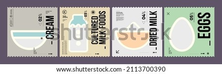 Cream, cultured milk foods, dried milk, eggs. Farmer's products. A set of vector labels in a modern, minimalist style. Geometric icons and elements. 