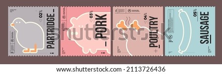 Partridge, pork, poultry, sausage. Farmer's products. A set of vector labels in a modern, minimalist style. Geometric icons and elements. 