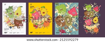 Fruit Mix.  Set of vector illustrations. Doodle style. Painted, colorful fruit with outlining. Sticker, poster , background image for label.