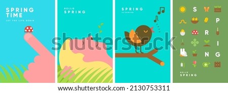 Hello Spring. Nature. Garden. Set of simple vector illustrations. Symbolic posters on the theme of peace, harmony. No war. Backgrounds for banners, labels, covers.