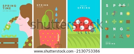 Hello Spring. Nature. Garden. Set of simple vector illustrations. Symbolic posters on the theme of peace, harmony. Backgrounds for banners, labels, covers.