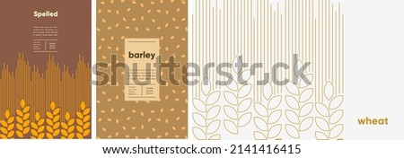 Barley, wheat, spelt. Food and natural products. Set of vector illustrations. Geometric, simple, linear style. Label, cover, price tag, background.
