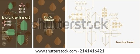 Buckwheat. Food and natural products. Set of vector illustrations. Geometric, simple, linear style. Label, cover, price tag, background.